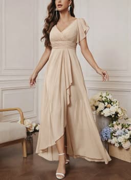 Chiffon Dress with V-Neck, Lotus Leaf Sleeves, High Waist, Pleated, Flowing Skirt, Bridesmaid Dress, French-Style Long Evening Gown