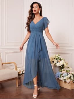 Chiffon Dress with V-Neck, Lotus Leaf Sleeves, High Waist, Pleated, Flowing Skirt, Bridesmaid Dress, French-Style Long Evening Gown