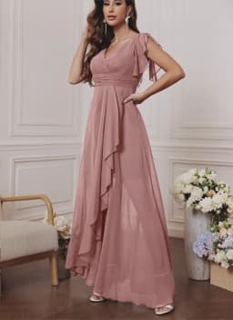 Chiffon Dress with V-Neck, Lotus Leaf Sleeves, High Waist, Pleated, Flowing Skirt, Bridesmaid Dress, French-Style Long Evening Gown