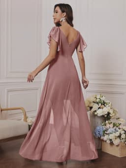 Chiffon Dress with V-Neck, Lotus Leaf Sleeves, High Waist, Pleated, Flowing Skirt, Bridesmaid Dress, French-Style Long Evening Gown