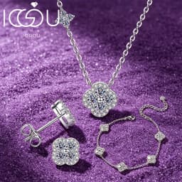 3 In 1 Clover Flower Moissanite Jewelry Sets 14k Gold Filled GRA Certified Necklace Earrings Bracelet Sets for Women Lucky Charm