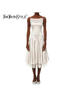 TWOTWINSTYLE Solid Spliced Lace Slimming Slip Dress for Women Square Neck Sleeveless Patchwork Folds Dresses Female Fashion New