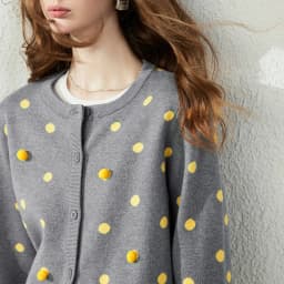 TOYOUTH Women Cardigan 2026 Autumn New Vintage Polka Dot Fitted Shoulder 3D Pom‑pom Knit Tops