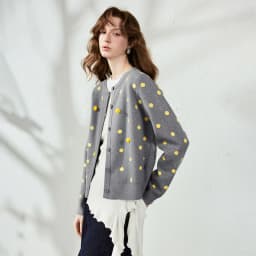 TOYOUTH Women Cardigan 2026 Autumn New Vintage Polka Dot Fitted Shoulder 3D Pom‑pom Knit Tops