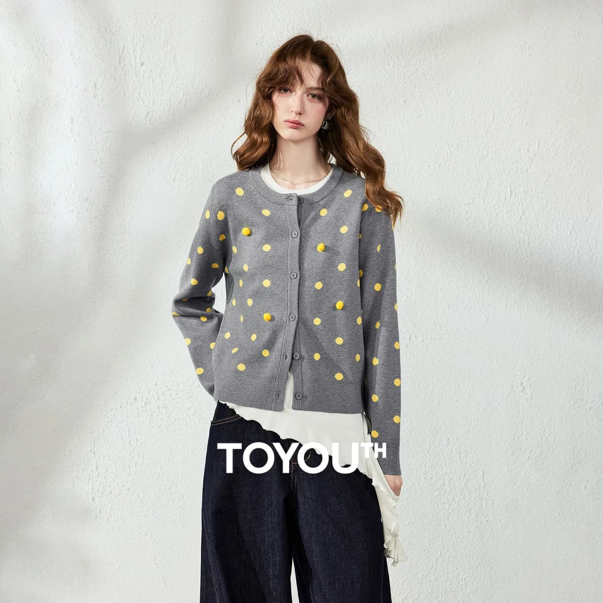 TOYOUTH Women Cardigan 2026 Autumn New Vintage Polka Dot Fitted Shoulder 3D Pom‑pom Knit Tops