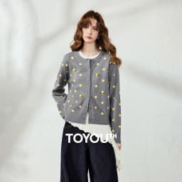 TOYOUTH Women Cardigan 2026 Autumn New Vintage Polka Dot Fitted Shoulder 3D Pom‑pom Knit Tops