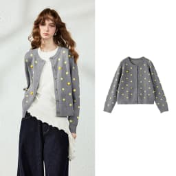 TOYOUTH Women Cardigan 2026 Autumn New Vintage Polka Dot Fitted Shoulder 3D Pom‑pom Knit Tops