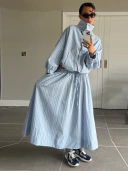 Chic Striped Women's Jacket Skirts Suit Stand Collar Drawstring A-Line Skirts Lady Set 2026 Summer Autumn 2 Pieces Set Women New