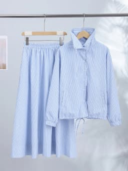Chic Striped Women's Jacket Skirts Suit Stand Collar Drawstring A-Line Skirts Lady Set 2026 Summer Autumn 2 Pieces Set Women New