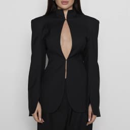 Women Sexy Black Blazer Deep V-Neck High Collar Flared Sleeve 2026 New Mob Wife Party Slim Fit Suit Jacket