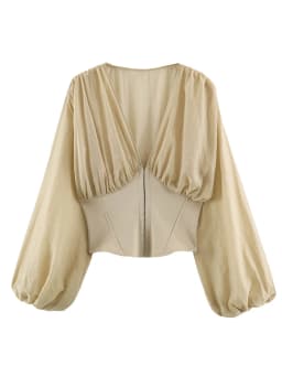 HH Elegant Women's Corset Slim Blouse 2026 Fashion Lantern Sleeve V-Neck Patchwork Spliced Peplum Top Female Thin Casual Shirt