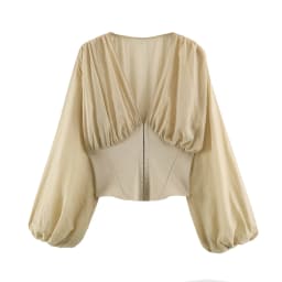 HH Elegant Women's Corset Slim Blouse 2026 Fashion Lantern Sleeve V-Neck Patchwork Spliced Peplum Top Female Thin Casual Shirt