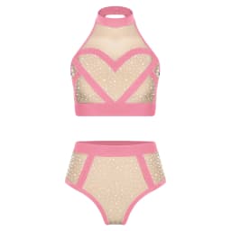 Womens Shiny Rhinestone Shorts Set Pole Dance Outfit Halter Mesh Crop Top And High Waist Briefs Shorts Clubwear for Rave Party