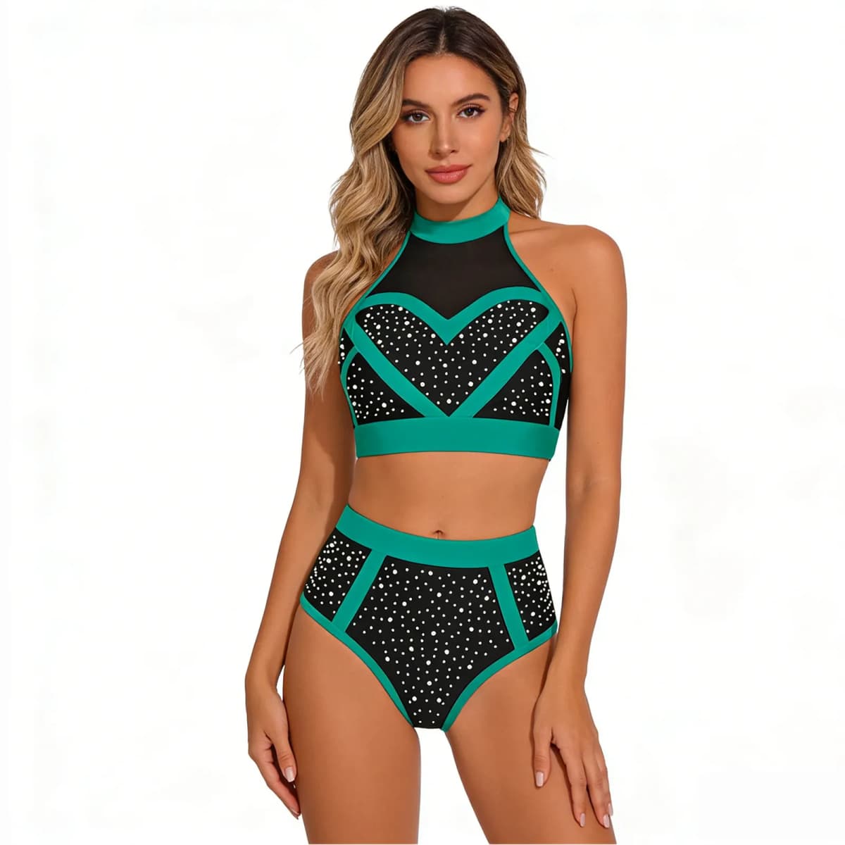 Womens Shiny Rhinestone Shorts Set Pole Dance Outfit Halter Mesh Crop Top And High Waist Briefs Shorts Clubwear for Rave Party