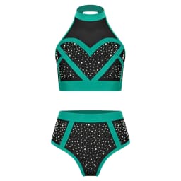 Womens Shiny Rhinestone Shorts Set Pole Dance Outfit Halter Mesh Crop Top And High Waist Briefs Shorts Clubwear for Rave Party