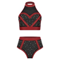Womens Shiny Rhinestone Shorts Set Pole Dance Outfit Halter Mesh Crop Top And High Waist Briefs Shorts Clubwear for Rave Party
