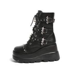 Women's Platform Wedge Ankle Boots Goth Punk Combat Motorcycle Boots Lace Up Side Zip Multi Buckles Studded Spiked Cosplay Shoes