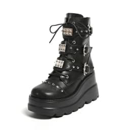Women's Platform Wedge Ankle Boots Goth Punk Combat Motorcycle Boots Lace Up Side Zip Multi Buckles Studded Spiked Cosplay Shoes
