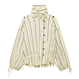 BSAY 2026 Women Striped Stand Collar Jacket Detachable Shoulder Button Coat Drawstring Hem Long Sleeve Casual Loose Outerwear