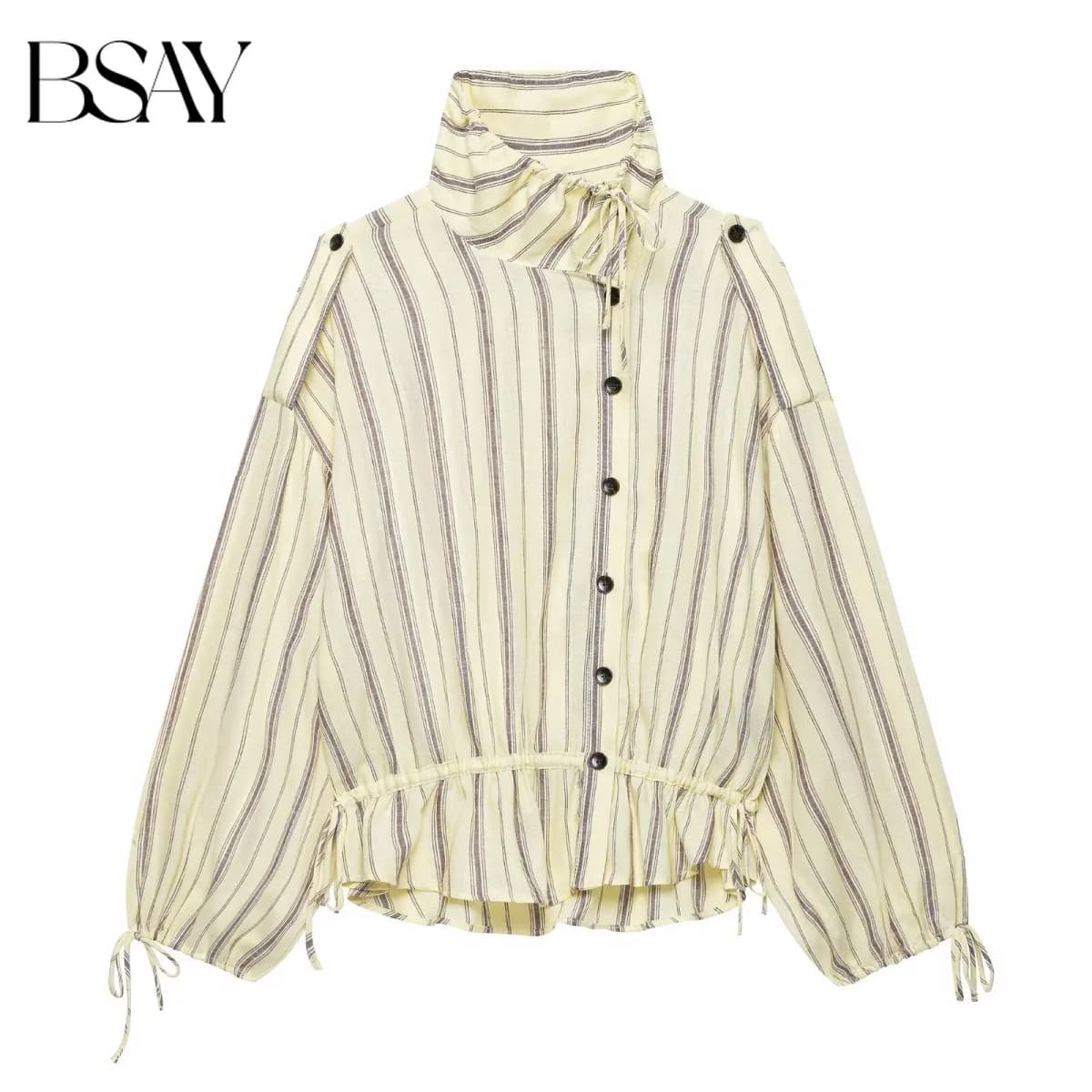 BSAY 2026 Women Striped Stand Collar Jacket Detachable Shoulder Button Coat Drawstring Hem Long Sleeve Casual Loose Outerwear