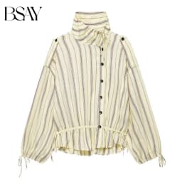 BSAY 2026 Women Striped Stand Collar Jacket Detachable Shoulder Button Coat Drawstring Hem Long Sleeve Casual Loose Outerwear