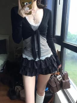 Genayooa Y2k Japanese Two Pieces Tops Women Long Sleeve Slim Lace Up Smock+ Striped Camis Tops American Retro Vintage Tops Tee