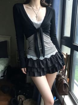 Genayooa Y2k Japanese Two Pieces Tops Women Long Sleeve Slim Lace Up Smock+ Striped Camis Tops American Retro Vintage Tops Tee