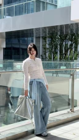 DUSHU 2026 Fall New Women White Base Blue Floral Henley Neck Ribbed Long Sleeve Top Fashion T-shirt Available in Multiple Sizes