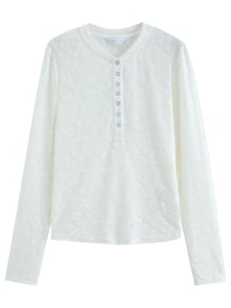 DUSHU 2026 Fall New Women White Base Blue Floral Henley Neck Ribbed Long Sleeve Top Fashion T-shirt Available in Multiple Sizes