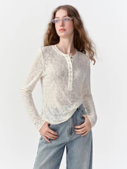 DUSHU 2026 Fall New Women White Base Blue Floral Henley Neck Ribbed Long Sleeve Top Fashion T-shirt Available in Multiple Sizes
