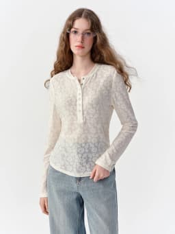 DUSHU 2026 Fall New Women White Base Blue Floral Henley Neck Ribbed Long Sleeve Top Fashion T-shirt Available in Multiple Sizes