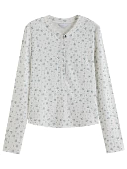 DUSHU 2026 Fall New Women White Base Blue Floral Henley Neck Ribbed Long Sleeve Top Fashion T-shirt Available in Multiple Sizes