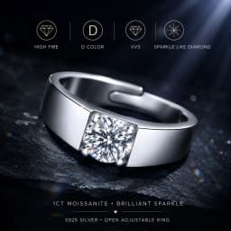 LongZhe Moissanite Ring for Men Rings for Men 925 Sterling Silver Adjustable Open Ring 1CT 6.5mm Fine Jewelry Gift