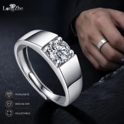 LongZhe Moissanite Ring for Men Rings for Men 925 Sterling Silver Adjustable Open Ring 1CT 6.5mm Fine Jewelry Gift