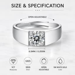 LongZhe Moissanite Ring for Men Rings for Men 925 Sterling Silver Adjustable Open Ring 1CT 6.5mm Fine Jewelry Gift