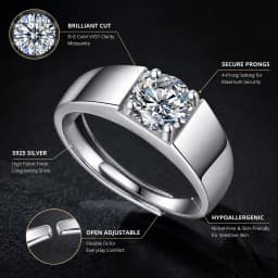 LongZhe Moissanite Ring for Men Rings for Men 925 Sterling Silver Adjustable Open Ring 1CT 6.5mm Fine Jewelry Gift