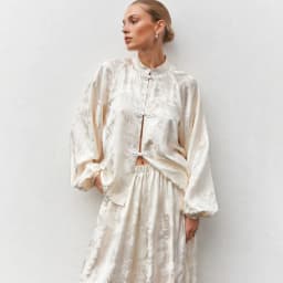 IG 2026 Women's New Chinese Two Piece Co Ord, Mandarin Stand Collar Frog Button Lantern Sleeve Short Jacket & Elastic Waist