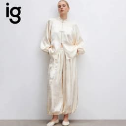 IG 2026 Women's New Chinese Two Piece Co Ord, Mandarin Stand Collar Frog Button Lantern Sleeve Short Jacket & Elastic Waist