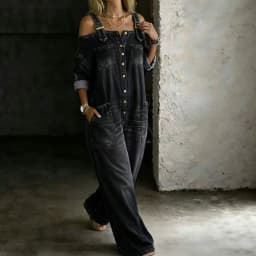 Sexy Off Shoulder Denim Overall Jumpsuit Pockets Wide Leg Playsuit
