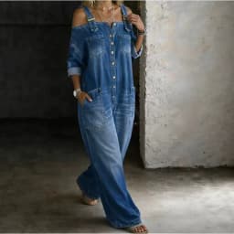 Sexy Off Shoulder Denim Overall Jumpsuit Pockets Wide Leg Playsuit