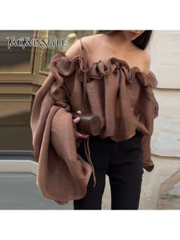 TWOTWINSTYLE Spliced Folds Shirts for Women Slash Neck Long Sleeve Loose Solid Casual Pullover Blouse Female Fashion Clothes New