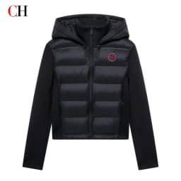 CH Womens Round Sew On Patch Detail Horizontal Quilted Hooded Padded Jacket Full Zipper Casual Daily Wear