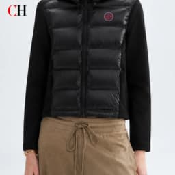 CH Womens Round Sew On Patch Detail Horizontal Quilted Hooded Padded Jacket Full Zipper Casual Daily Wear