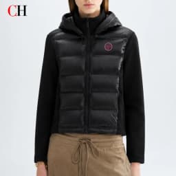 CH Womens Round Sew On Patch Detail Horizontal Quilted Hooded Padded Jacket Full Zipper Casual Daily Wear