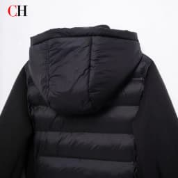 CH Womens Round Sew On Patch Detail Horizontal Quilted Hooded Padded Jacket Full Zipper Casual Daily Wear