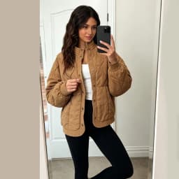 Women Loose Fit Stand Neck Quilted Coat Wave Stitching Snap Closure Raglan Long Sleeve Light Padded Jacket Commuter Outerwear