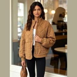 Women Loose Fit Stand Neck Quilted Coat Wave Stitching Snap Closure Raglan Long Sleeve Light Padded Jacket Commuter Outerwear