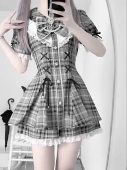 College-Style Retro Gray Plaid Shirt Dress for Women, Summer Sweet Little Girl's Bow Lace Waist-Cinching Short Dress