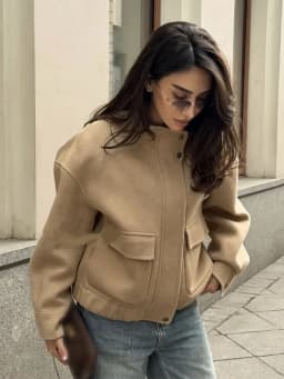 Women Stand Collar Wool Blend Cropped Jacket Oversized Pocket Design Button Loose Short Coat Casual Daily Street Outerwear