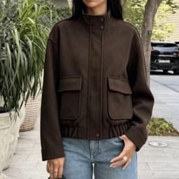 Women Stand Collar Wool Blend Cropped Jacket Oversized Pocket Design Button Loose Short Coat Casual Daily Street Outerwear